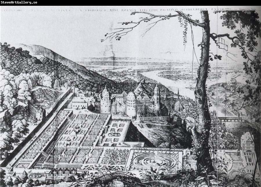 Salomon de Caus Bird-s-eye view of the Palatine garden at  Heidelberg